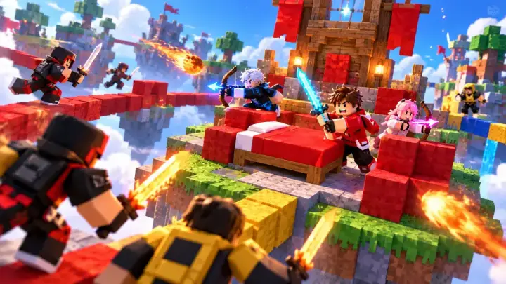 Minecraft thumbnail: blocky cartoon avatars defending a red bed on a floating sky island with bridges and swords