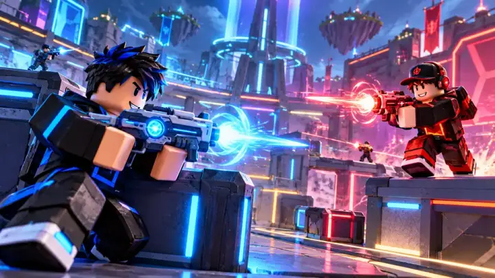YouTube thumbnail: two players in a neon shooter arena face-off