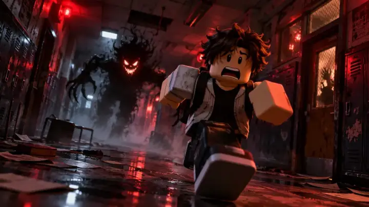 YouTube thumbnail: player running from a monster down a dark school hall