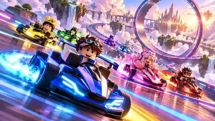 YouTube thumbnail: kart race on a looping neon sky track