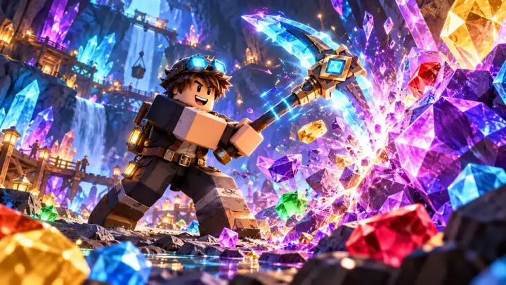 Minecraft thumbnail: blocky cartoon avatar with a huge glowing pickaxe smashing giant crystal ores in a cave