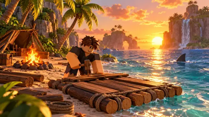 Minecraft thumbnail: blocky cartoon avatar building a raft on a survival island with campfire at golden hour