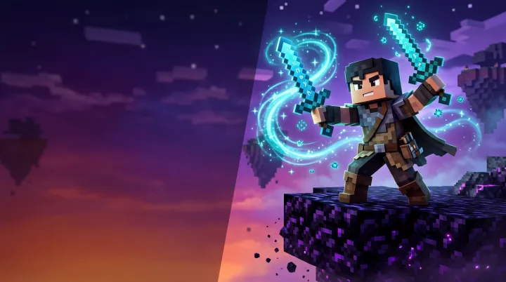 Minecraft thumbnail: two blocky PvP players bridging across floating sky islands with swords and fireballs