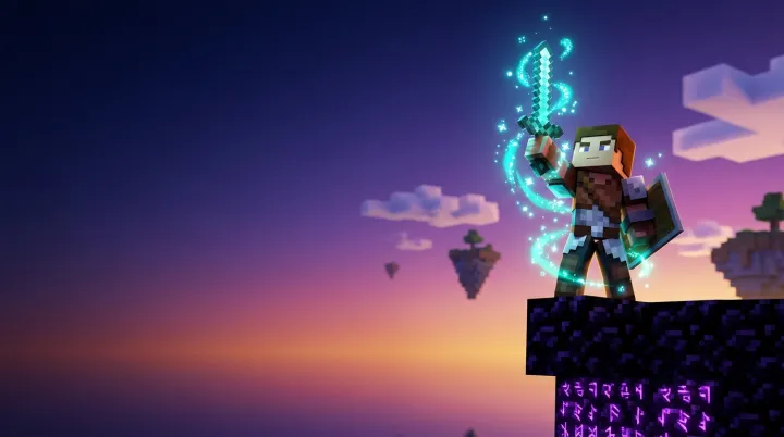 Minecraft thumbnail: exhausted cube warrior in enchanted netherite armor on a floating obsidian cliff surrounded by soul fire and particles