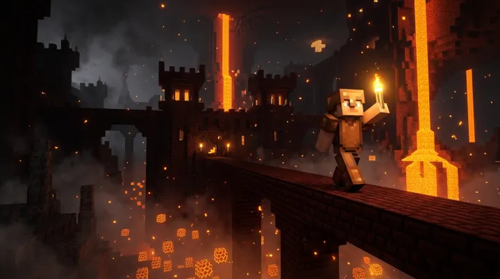 Minecraft thumbnail: brave explorer entering a blazing nether fortress with glowing magma cubes and lava falls