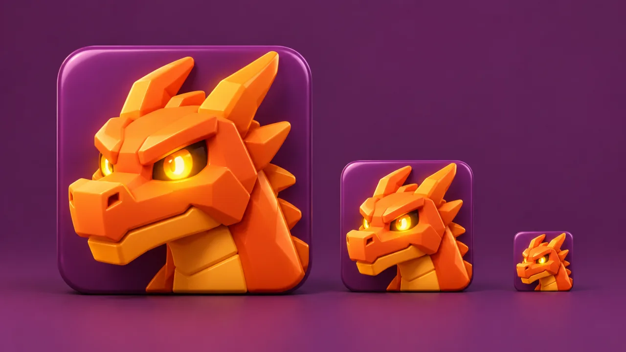 The same Roblox game icon of a glowing-eyed dragon head shown large, medium and tiny side by side