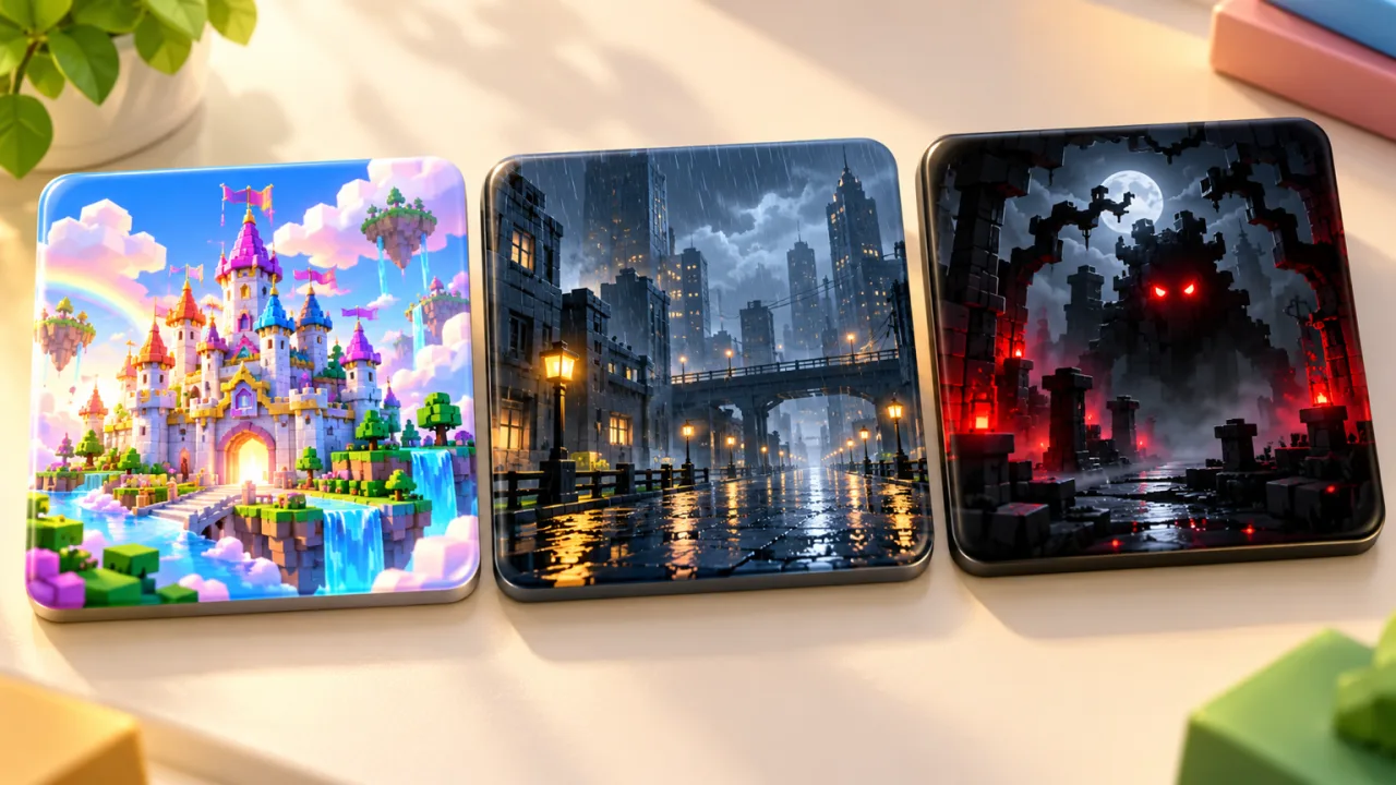 Three Roblox game icons in different moods: a pastel fantasy castle, a muted rainy city and a red and black horror scene