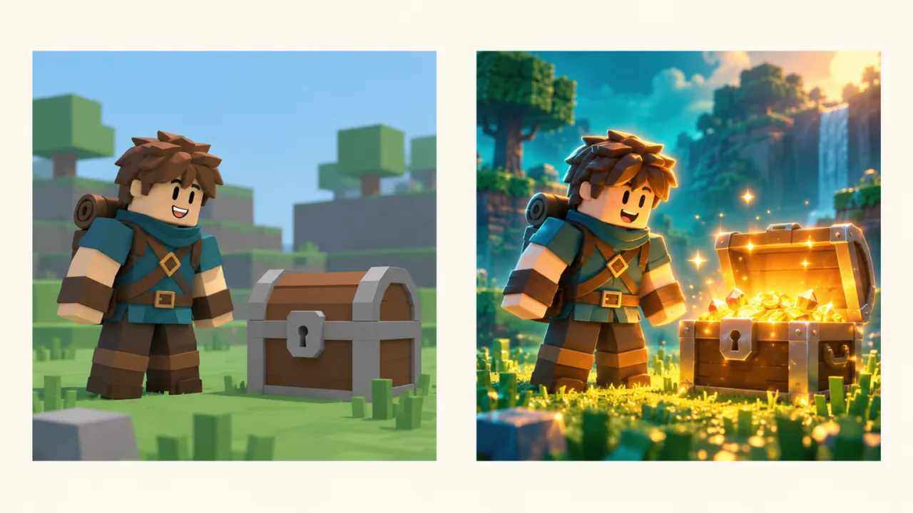 A plain screenshot of an avatar beside a treasure chest, then the same scene as a glowing, polished Roblox game icon