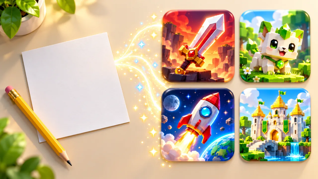 How to make a Roblox game icon: a blank brief card turns into four finished square icons, a sword, a pet, a rocket and a castle