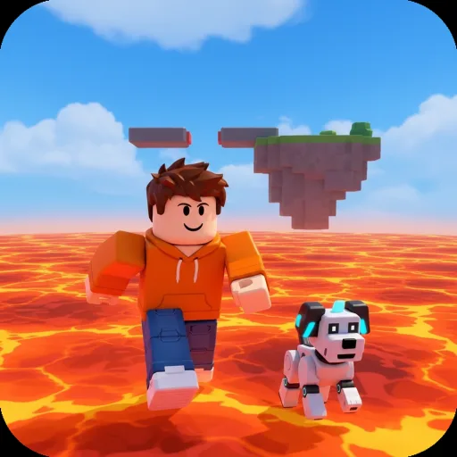 square icon of the orange-hoodie avatar running over lava with the robot dog