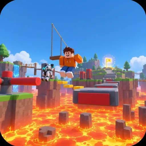square icon of the avatar jumping across an obby course above lava