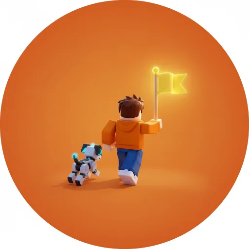 round badge of the avatar holding a glowing checkpoint flag with the robot dog