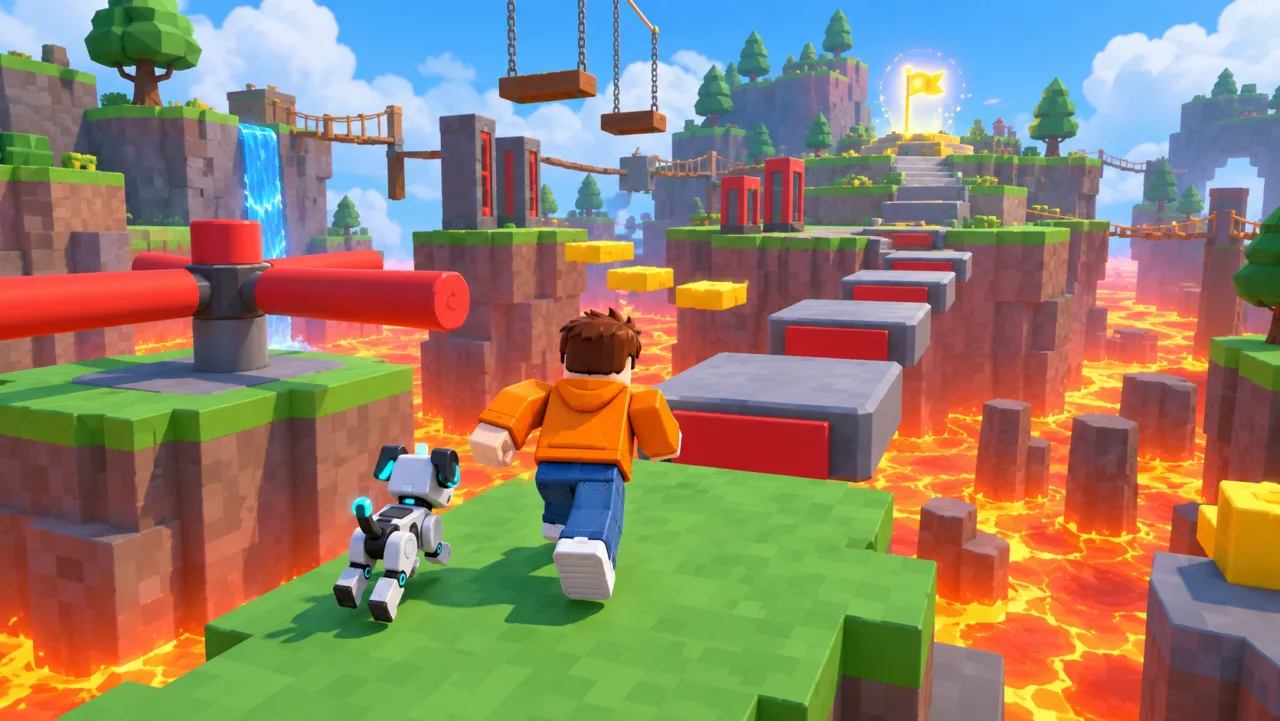 blocky avatar in an orange hoodie and a robot dog running across a lava obby