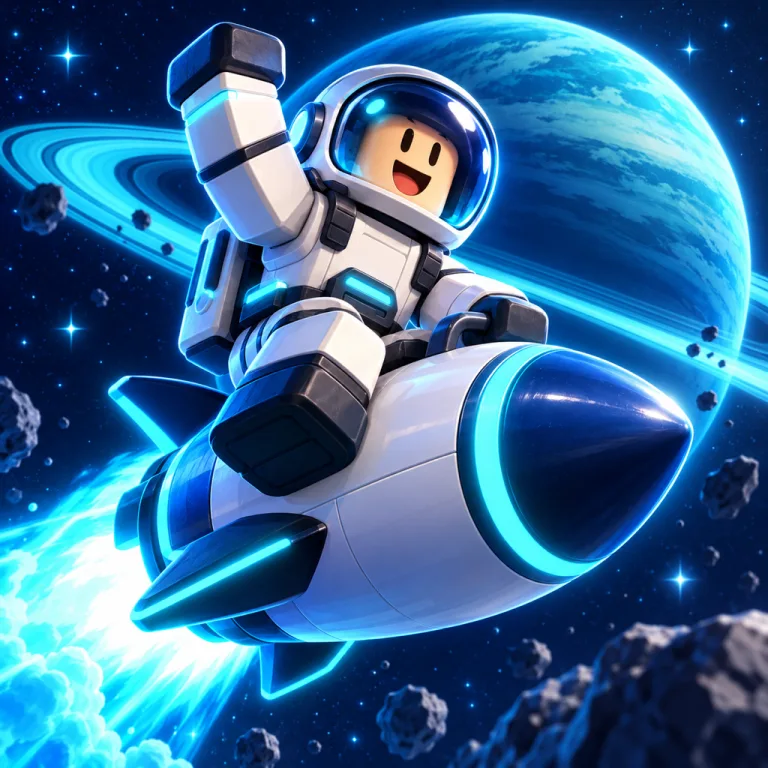 Roblox game icon: astronaut avatar riding a rocket past a ringed planet
