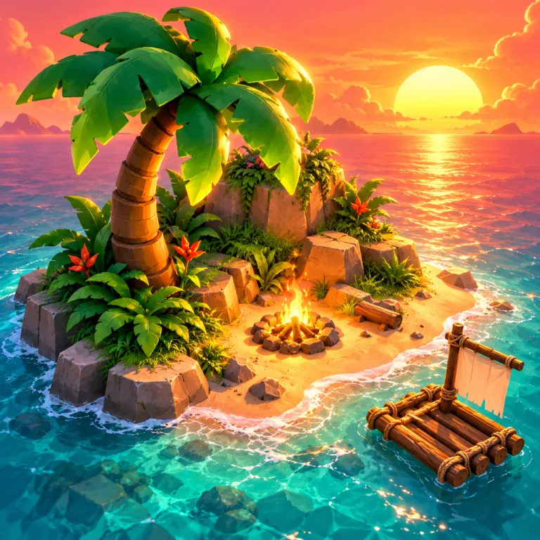 Roblox game icon: tiny survival island with a palm tree, campfire and raft
