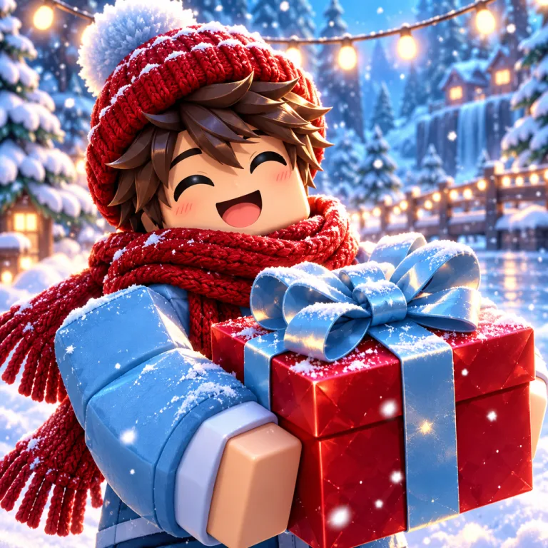 Roblox game icon idea: Same hero, a scarf, a gift box and falling snow