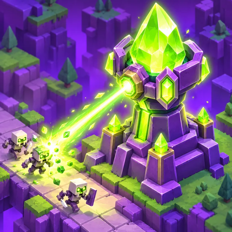 Roblox game icon idea: Crystal tower blasting a wave of invaders