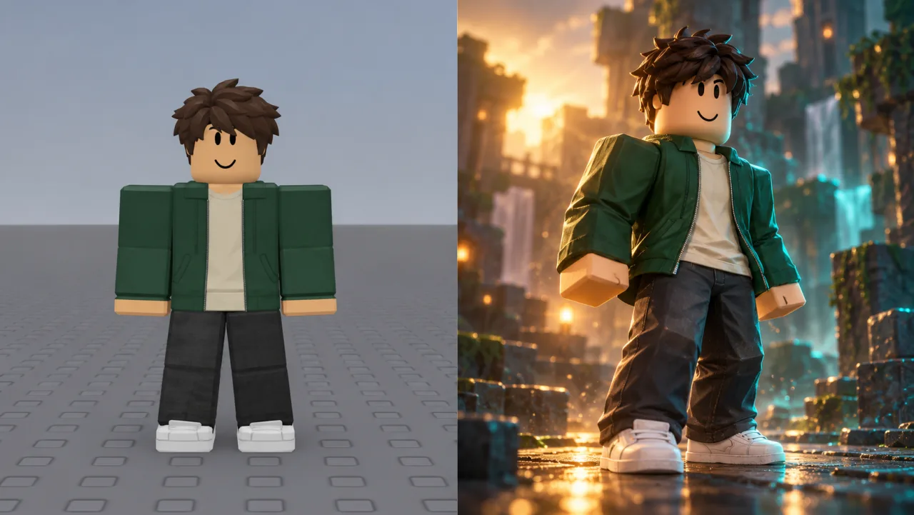 A flat screenshot of an avatar in a green jacket beside the same avatar as a lit cinematic Roblox GFX