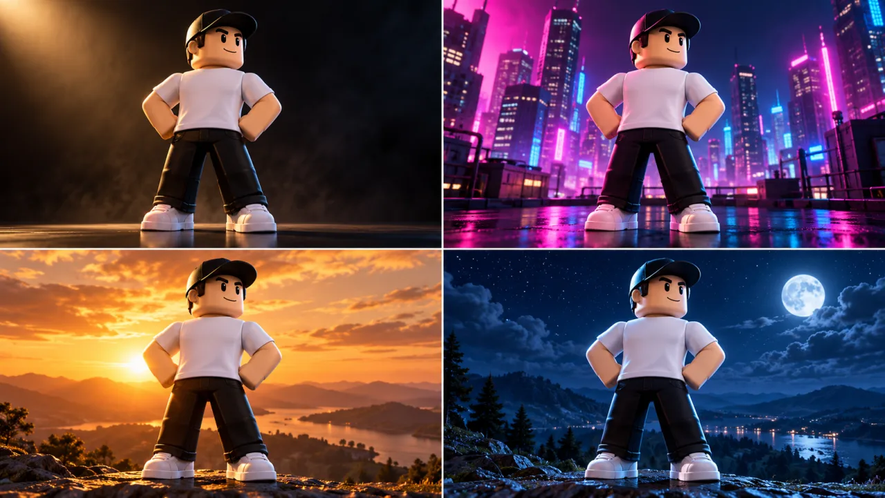 The same avatar lit four ways: cinematic, neon city, sunset and moonlit night