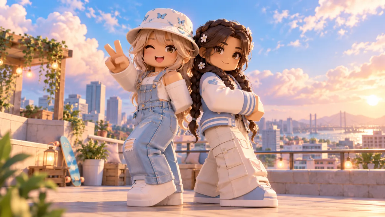 Two avatars posing back to back on a pastel rooftop, one making a peace sign