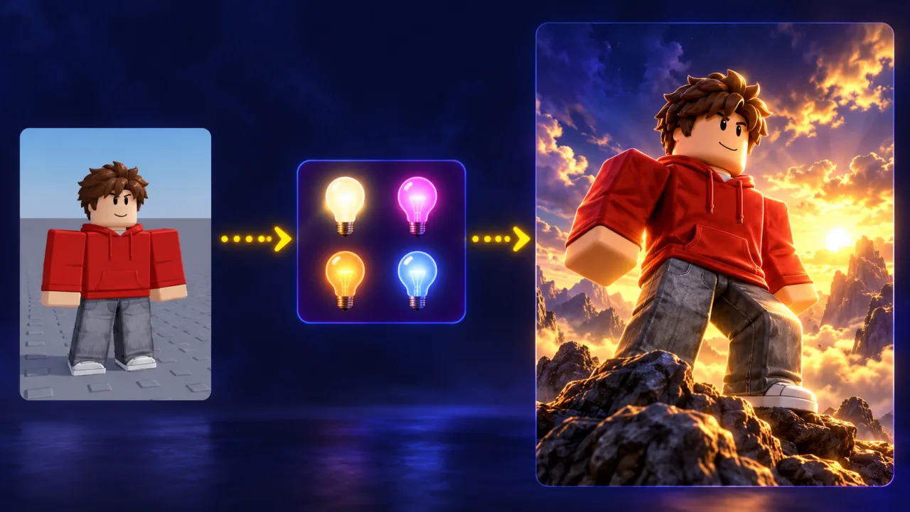 An avatar screenshot, four lighting choices, then the finished render of the same avatar