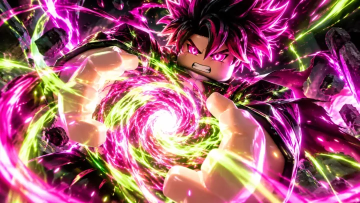 glossy anime-style avatar charging a magenta and lime energy blast