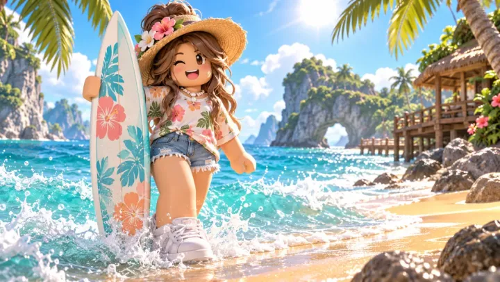 winking avatar in a sun hat holding a surfboard on a turquoise beach