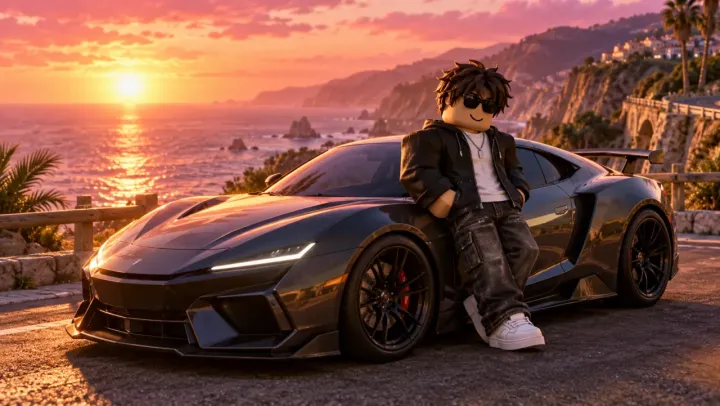 avatar in sunglasses leaning on a sports car on a coastal road at sunset