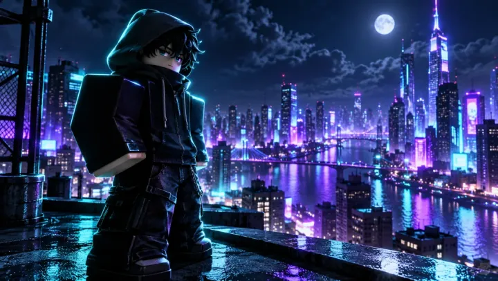 avatar in a black hoodie on a rainy rooftop above a violet and cyan neon city at night