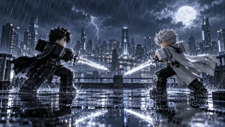 two avatars facing off with glowing swords on a rooftop in heavy rain