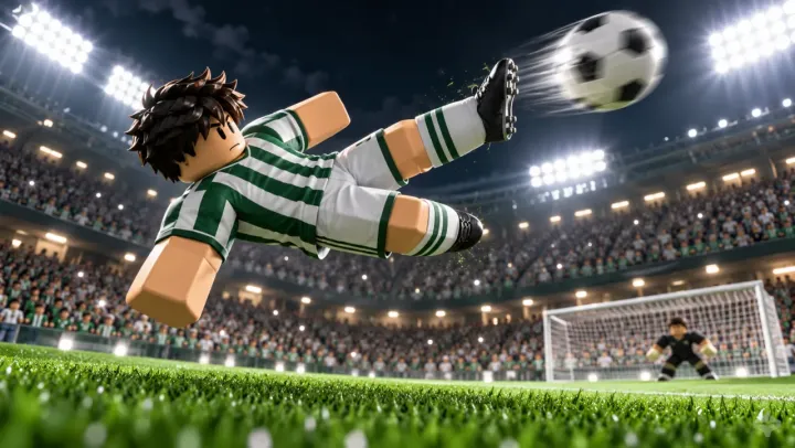 avatar in a striped kit doing a bicycle kick in a floodlit stadium