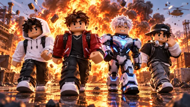 four avatars walking toward the camera as an explosion blooms behind them