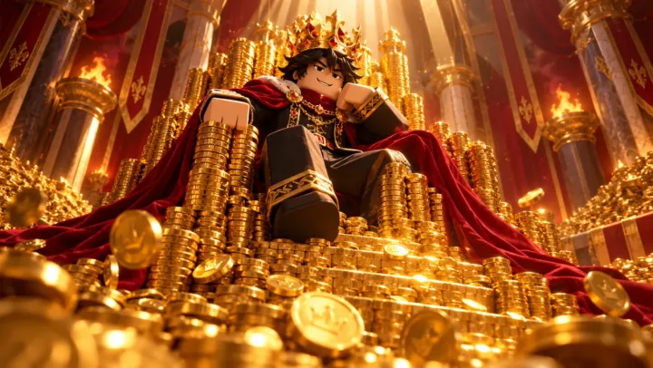 crowned avatar in a red cape sitting on a throne made of gold coins