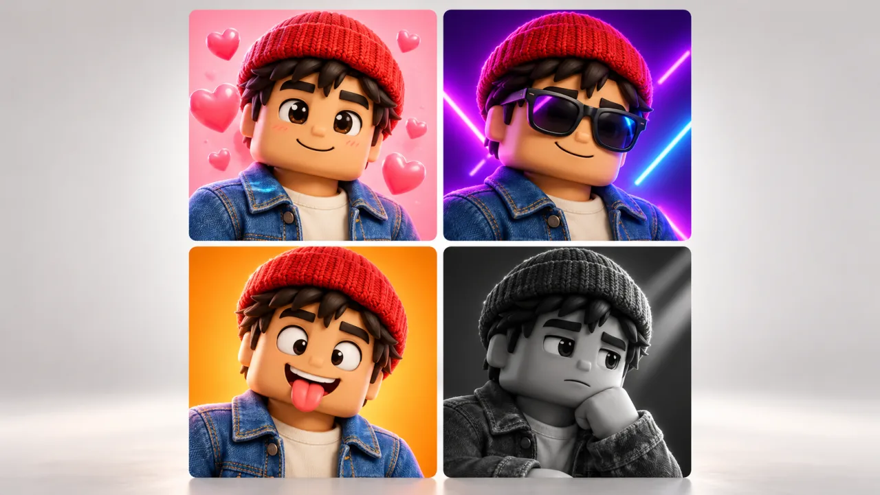 The same avatar as four pfps: cute, cool with neon light, funny and black and white