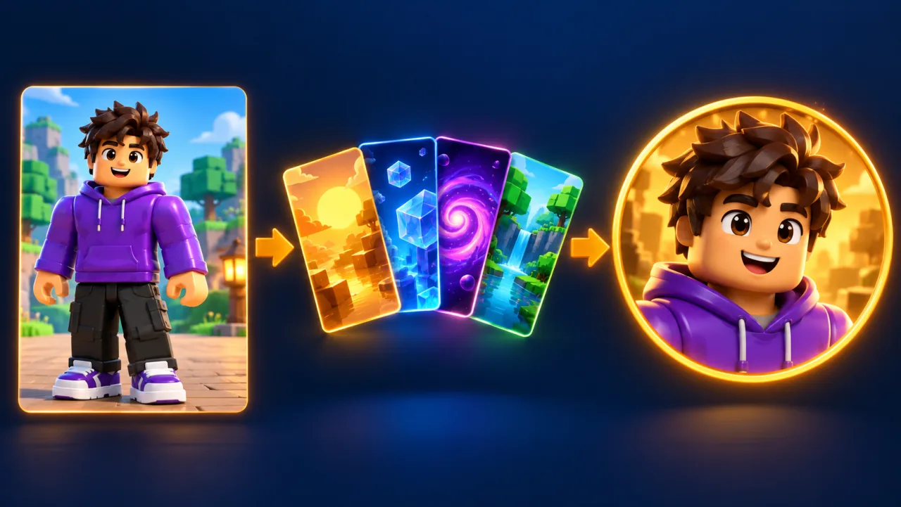 An avatar screenshot, four style cards, then the same avatar as a finished circle pfp