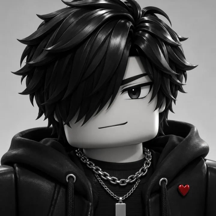 black and white emo avatar with a side fringe and chains, one red heart pin
