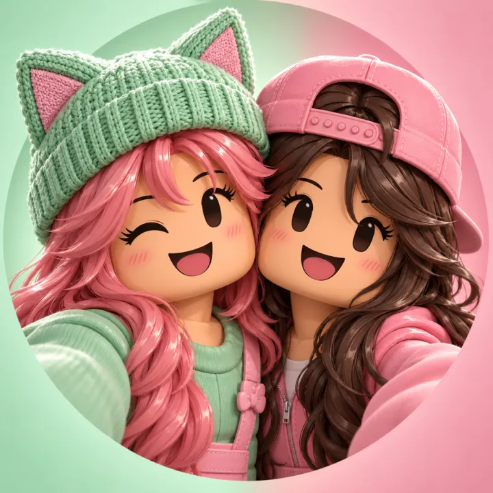 two best-friend avatars cheek to cheek, a winking pink-haired girl in a mint cat-ear beanie and a girl in a pink backwards cap