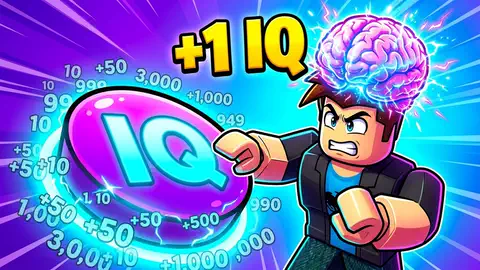 +1 IQ clicker, glowing brain, giant purple IQ button