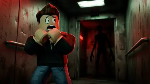 scared player in a dark corridor, shadow in the doorway