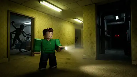 flashlight in a dim yellow hallway, something in the doorway