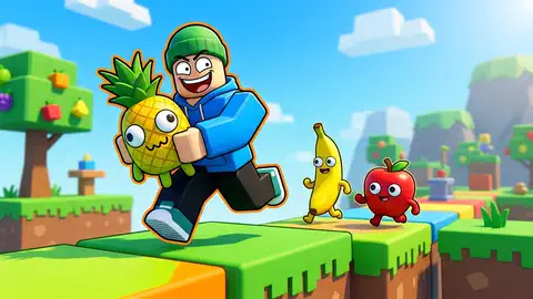 player racing through a blocky obby with fruit friends