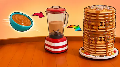 blender turning peanut butter into a giant pancake stack