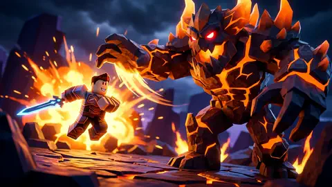 sword fighter charging a giant lava golem boss