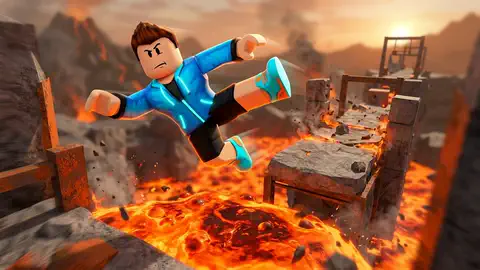 flying kick across a collapsing lava bridge