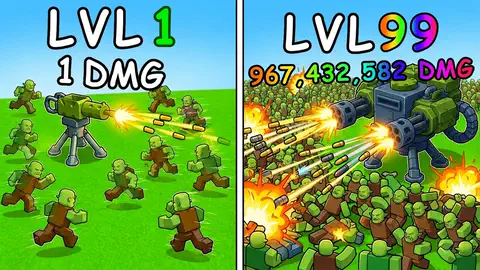 level 1 vs level 99 turret mowing down zombies