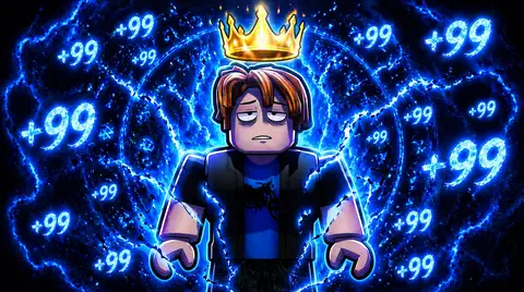crowned player powering up, +99 levels, blue lightning