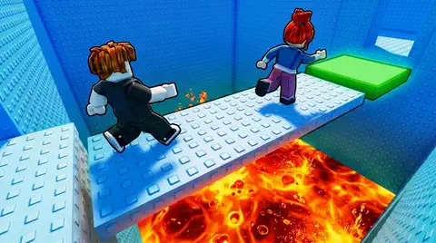 two players sprinting across a lava bridge