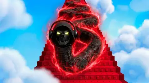 demon snake coiled around a blocky tower in the clouds