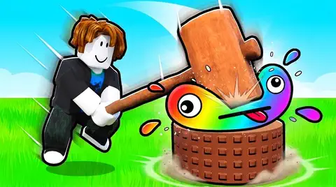 player smashing a rainbow slime with a giant hammer