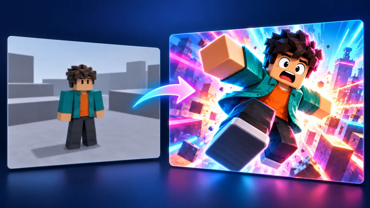 A flat gameplay frame of an avatar beside the same avatar as a bright, action-packed YouTube thumbnail